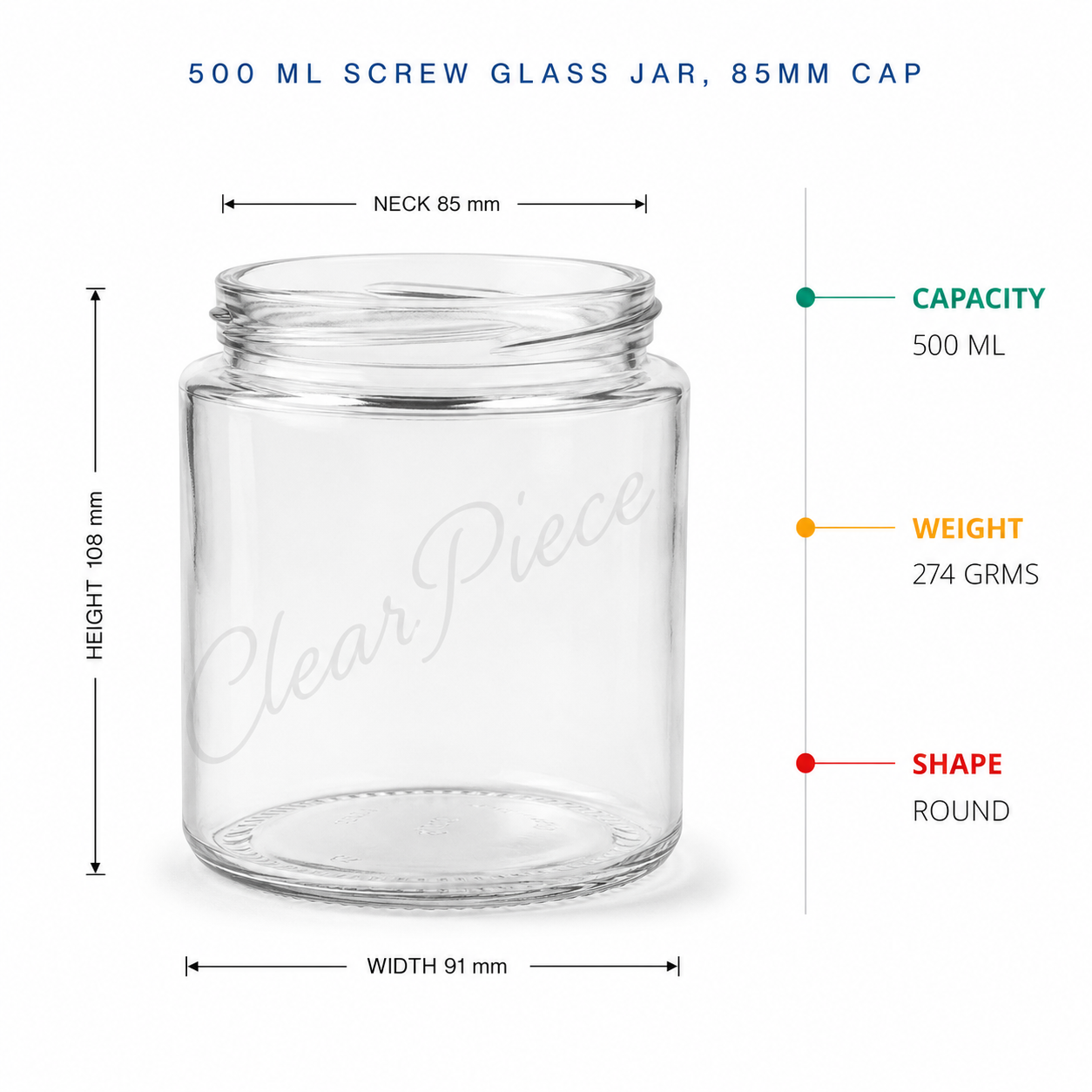 500 ml Screw Glass Jar, 85mm Closure view 2
