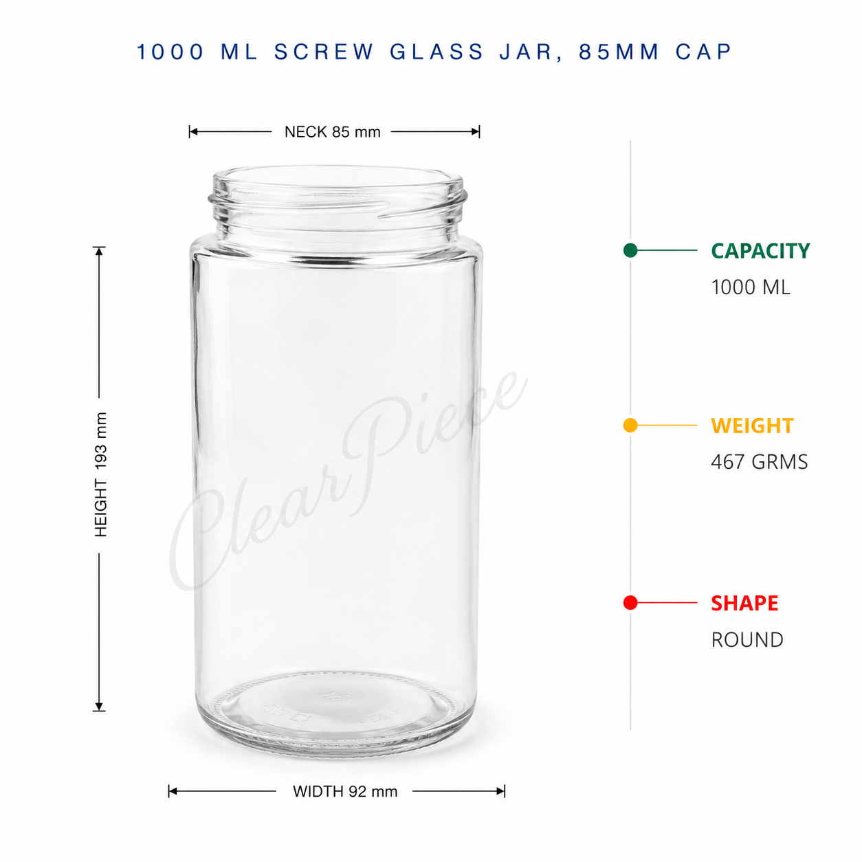 1000 ml Screw Glass Jar, 85mm Closure view 2