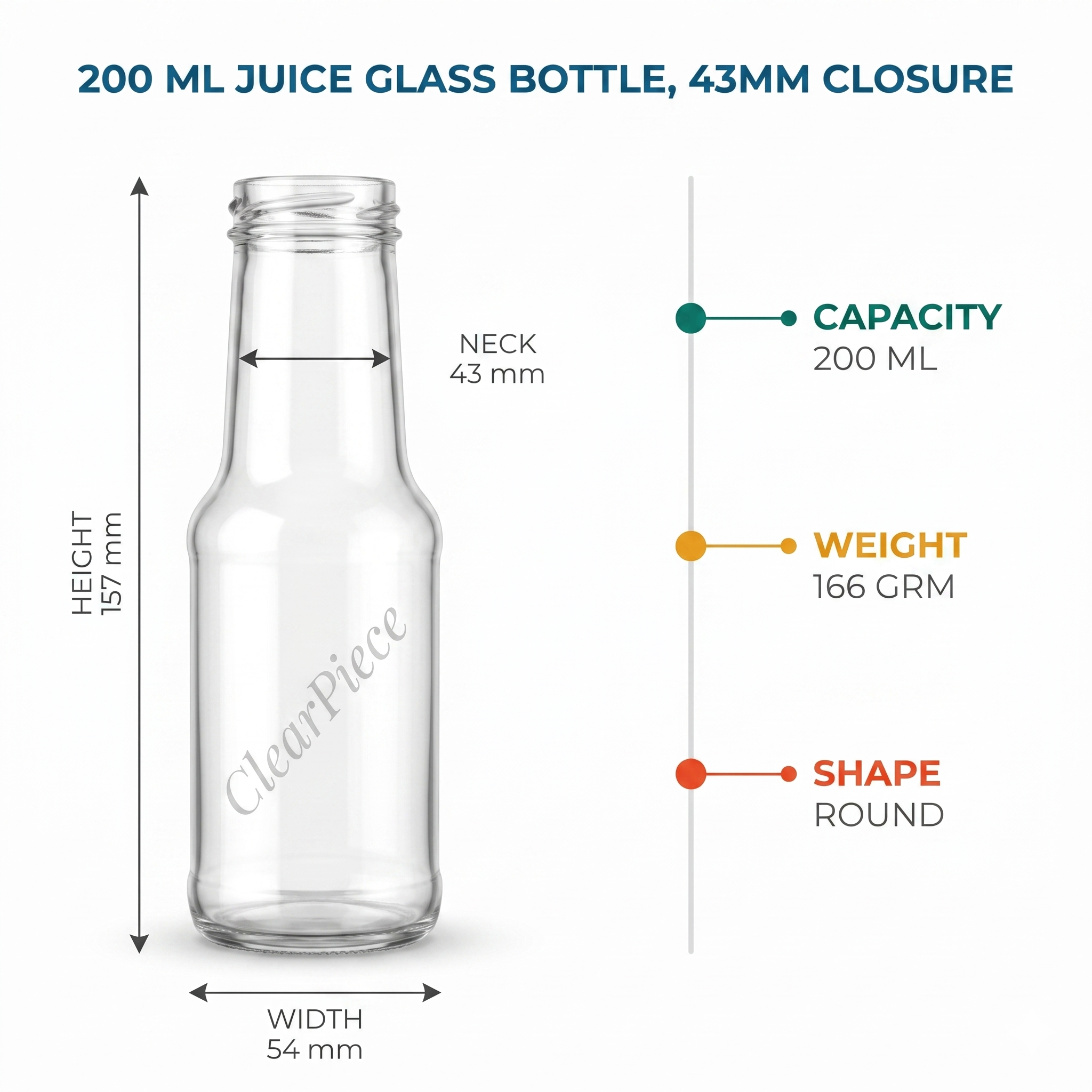 200 ml Juice Glass Bottle, 43 mm Closure view 2