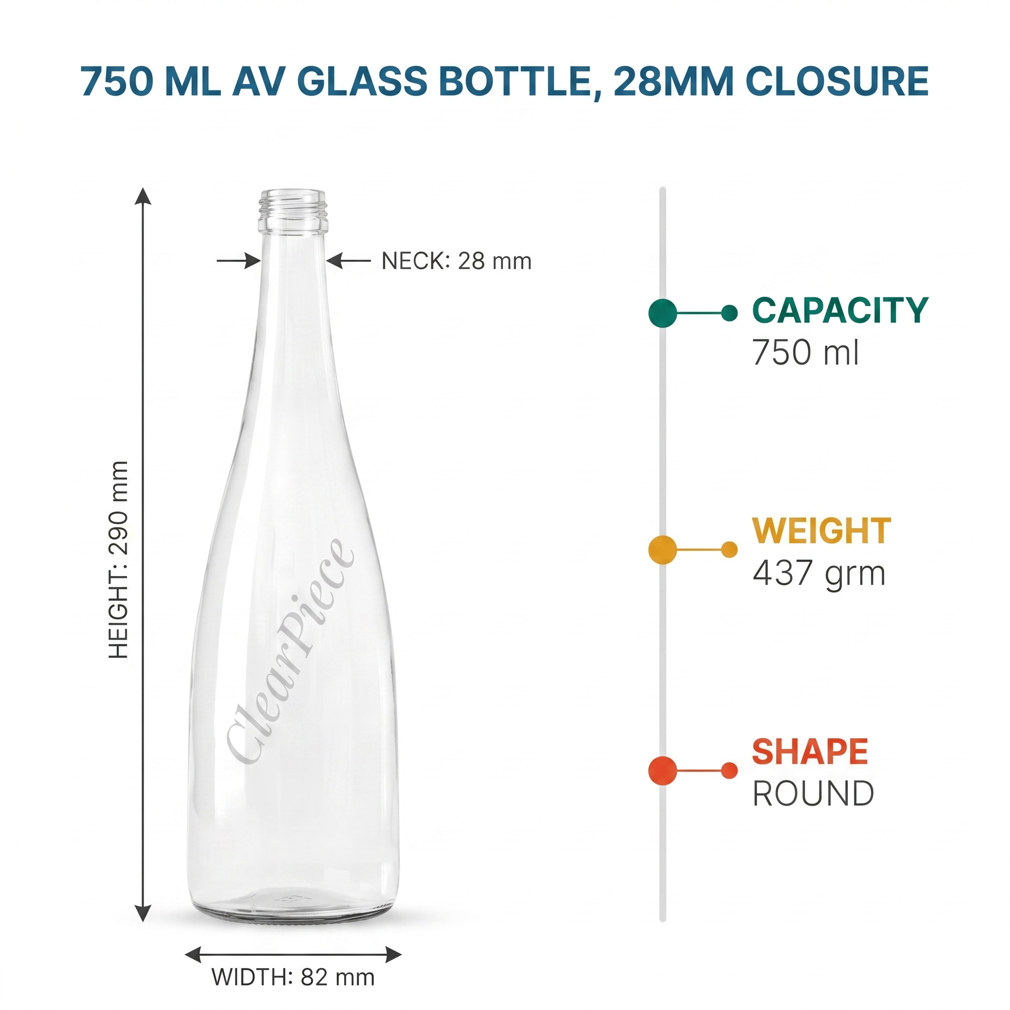750 ml AV Glass Bottle, 28mm Closure view 2