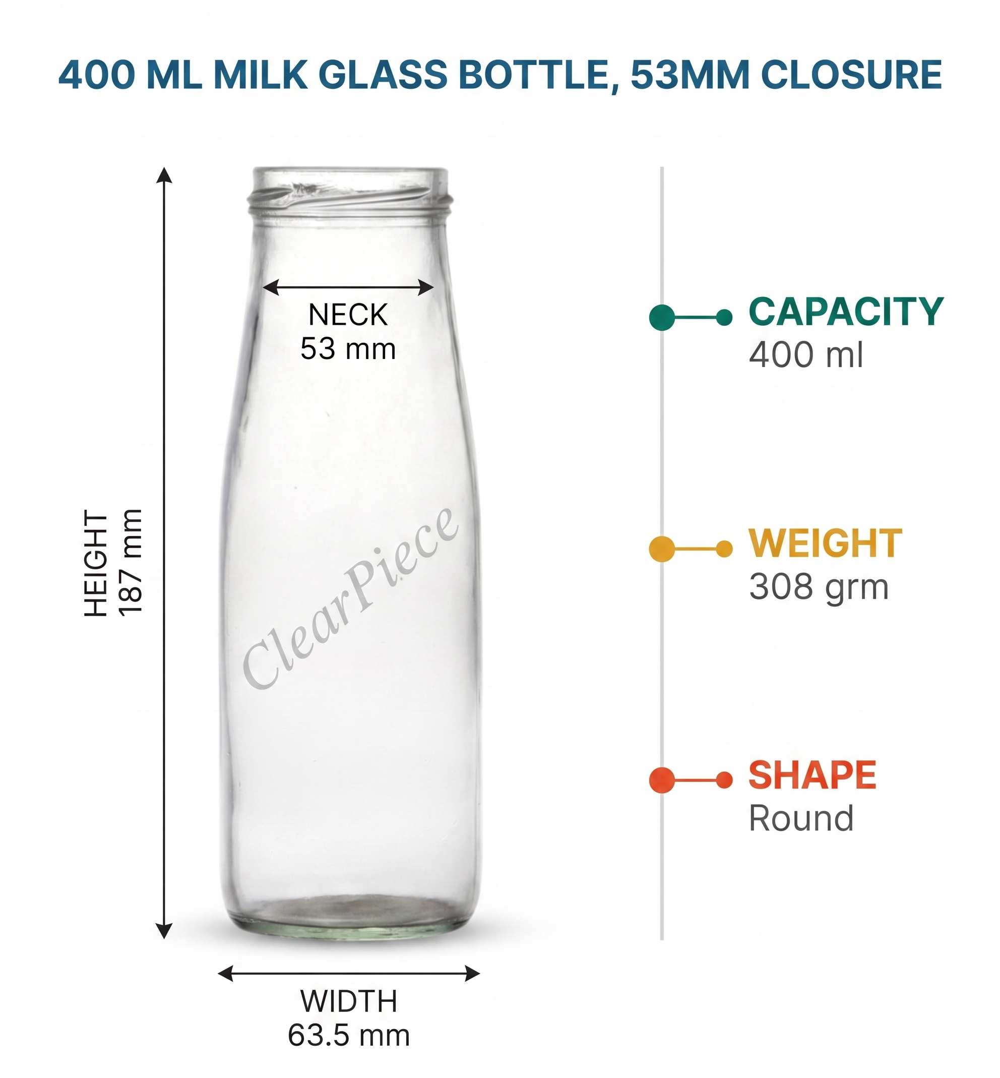 400 ml Milk Glass Bottle, 53mm Closure view 2