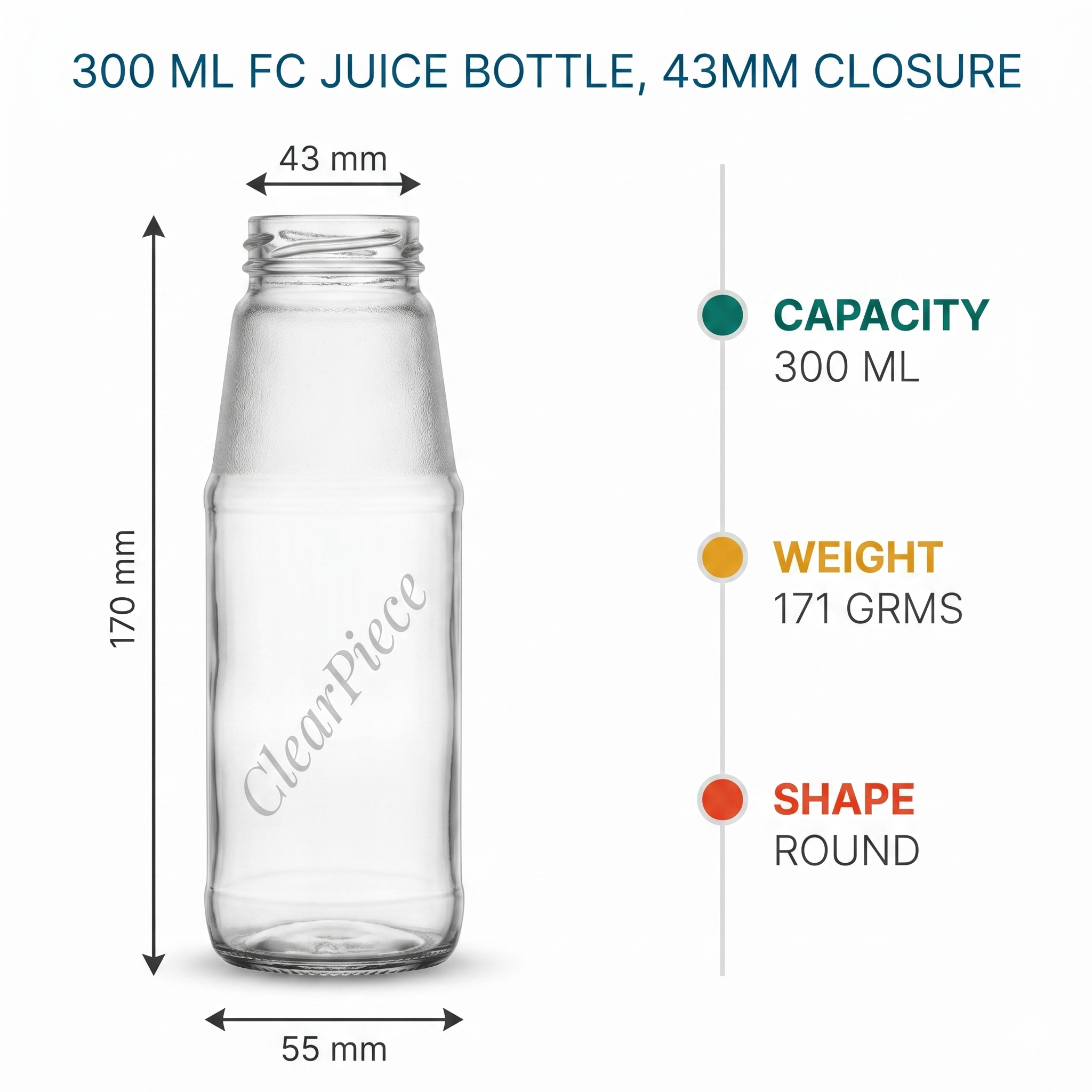 300 ml FC Juice Glass Bottle, 43mm Closure view 2