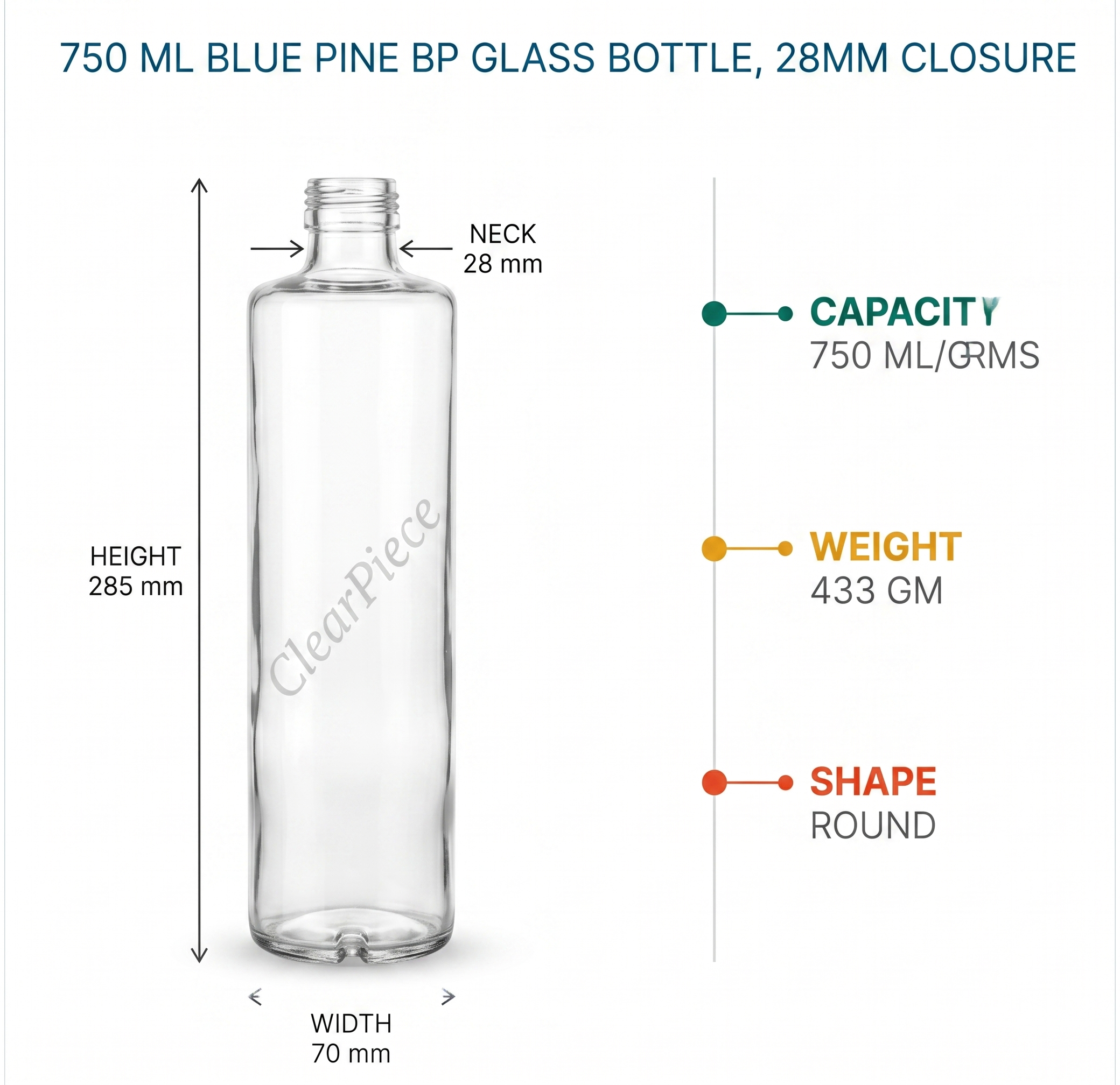 750 ml Blue Pine BP Glass Bottle, 28mm Closure view 2
