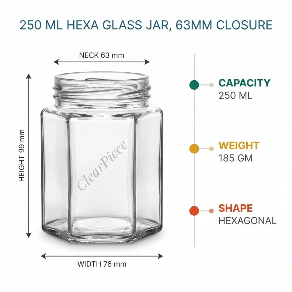 250 ml Hexa Glass Jar 63mm Closure view 2