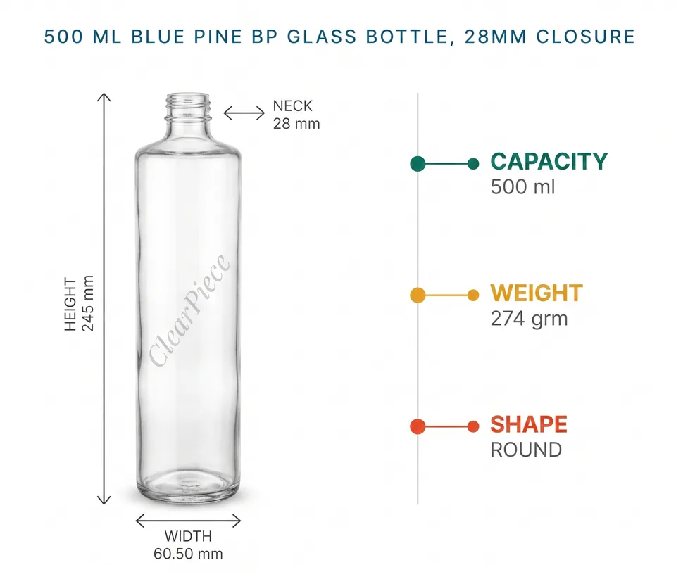 500 ml Blue Pine BP Glass Bottle, 28mm Closure view 2