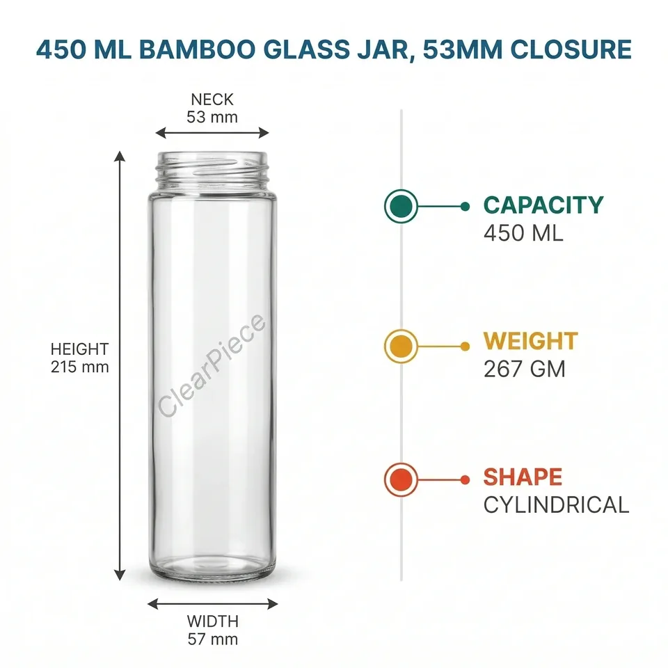 450 ml Bamboo Glass Jar 53mm closure view 2