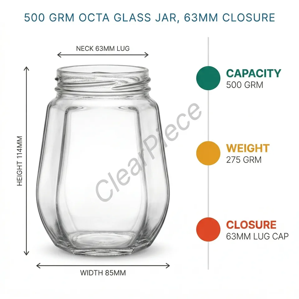 500 grm Octa Glass Jar, 63mm Closure view 2
