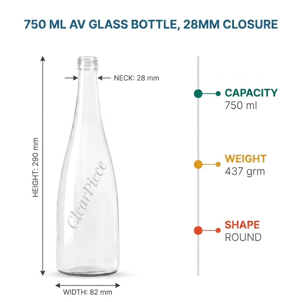 750 ml AV Glass Bottle, 28mm Closure view 2