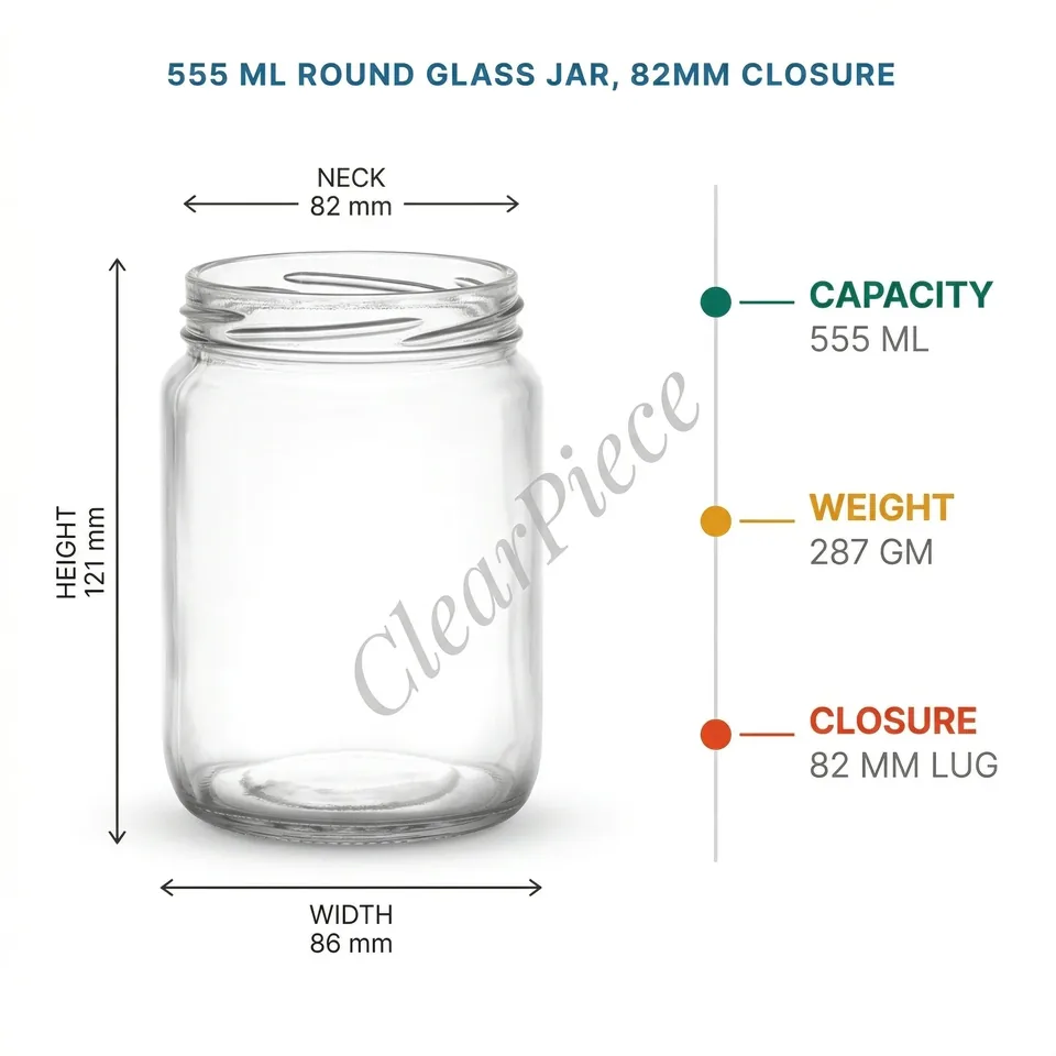 555 ml Round Glass Jar, 82mm Closure view 2