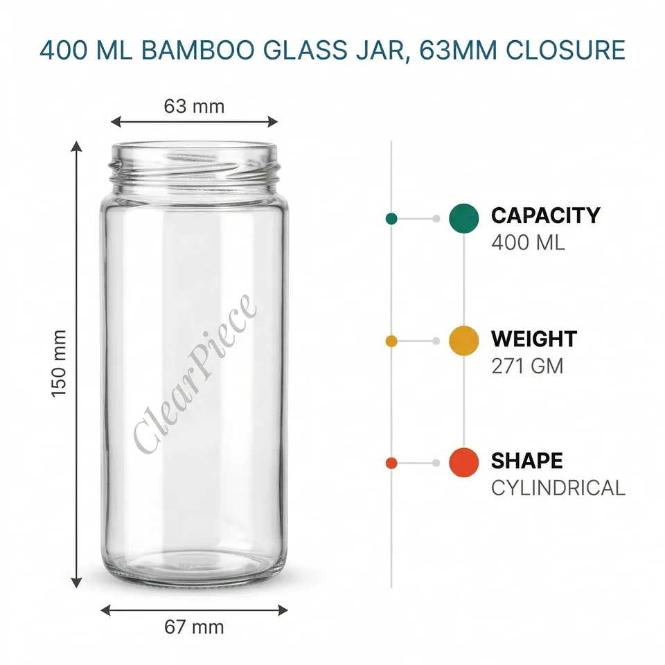 400 ml Bamboo Glass Jar 63mm closure view 2