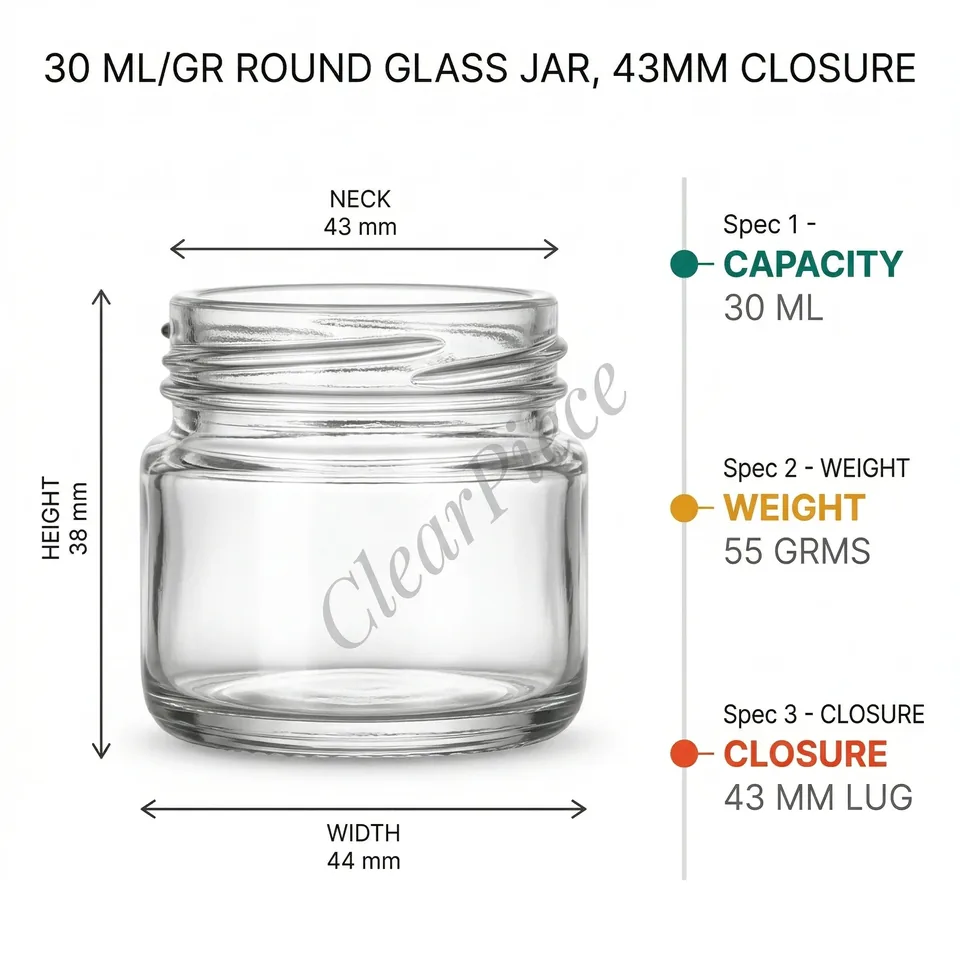 30 ml Round Glass Jar, 43mm Closure view 2