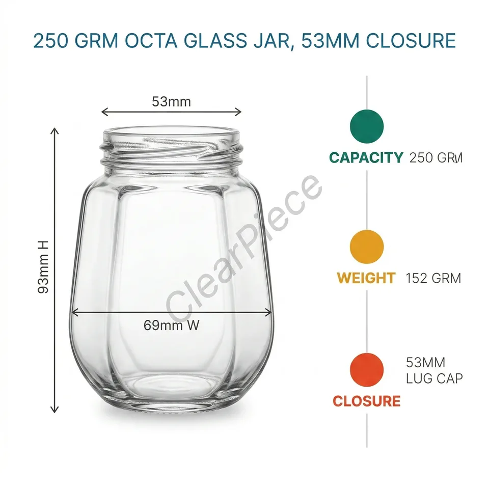 250 grm Octa Glass Jar, 53mm Closure view 2