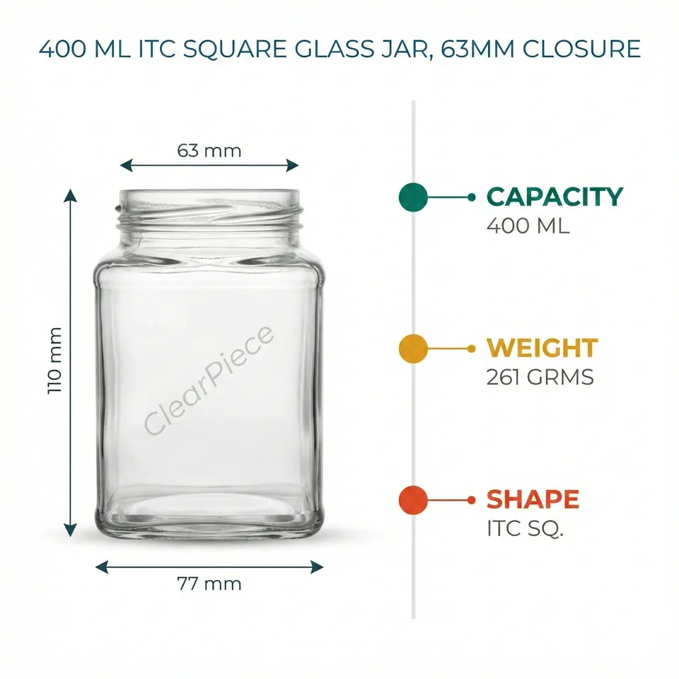 400 ml ITC Square Glass Jar, 63mm Closure view 2