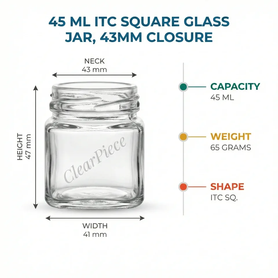 45 ml ITC Square Glass Jar, 43mm Closure view 2