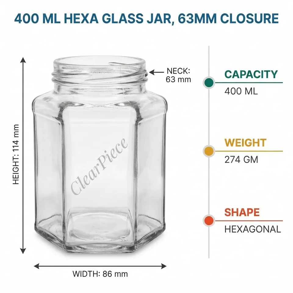 400 ml Hexa Glass Jar 63mm Closure view 2