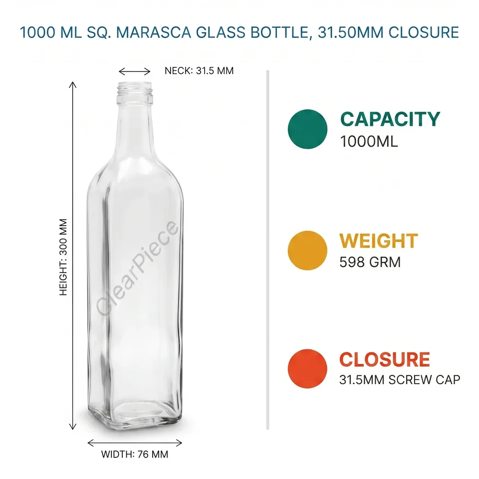 1000 ml Sq. Marasca Glass Bottle, 31.50mm Closure view 2