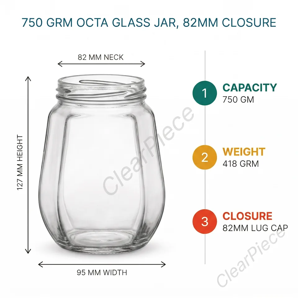750 grm Octa Glass Jar, 82mm Closure view 2