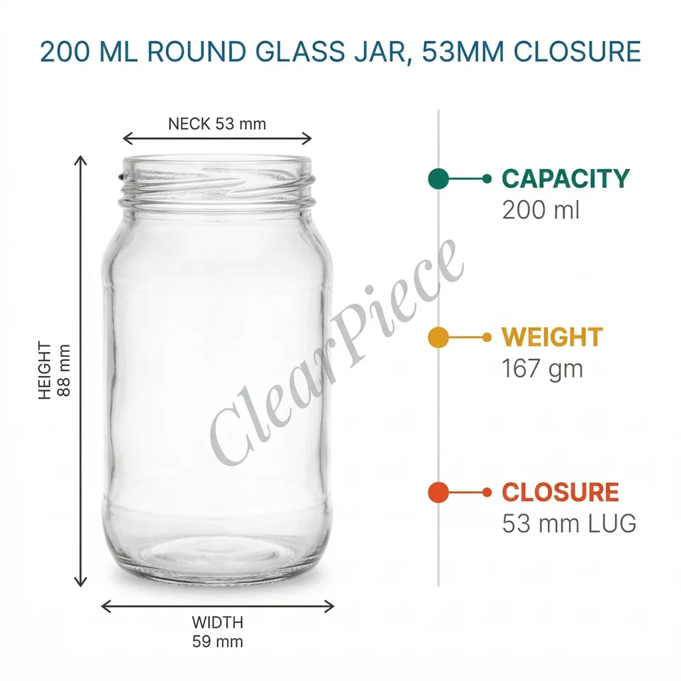 200 ml Round Glass Jar, 53mm Closure view 2