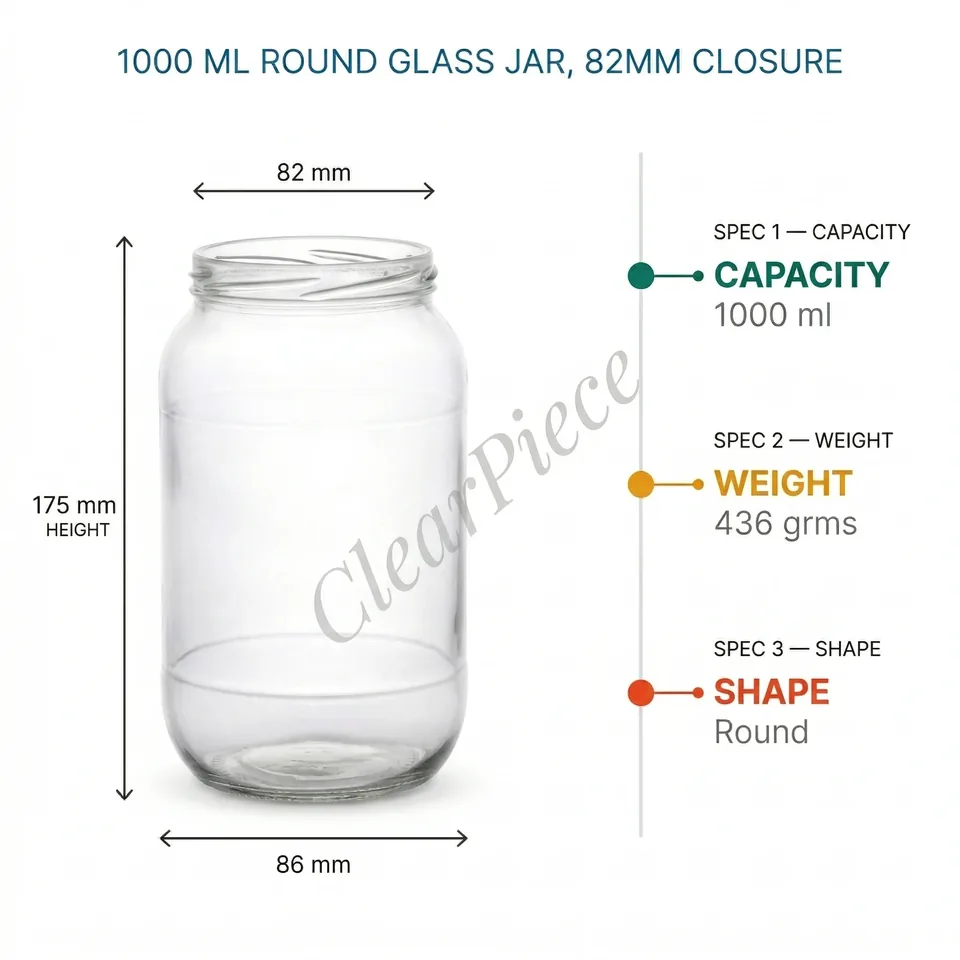 1000 ml Round Glass Jar, 82mm Closure view 2
