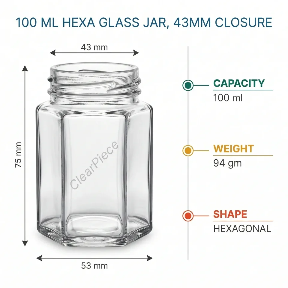 100 ml Hexa Glass Jar 43mm Closure view 2