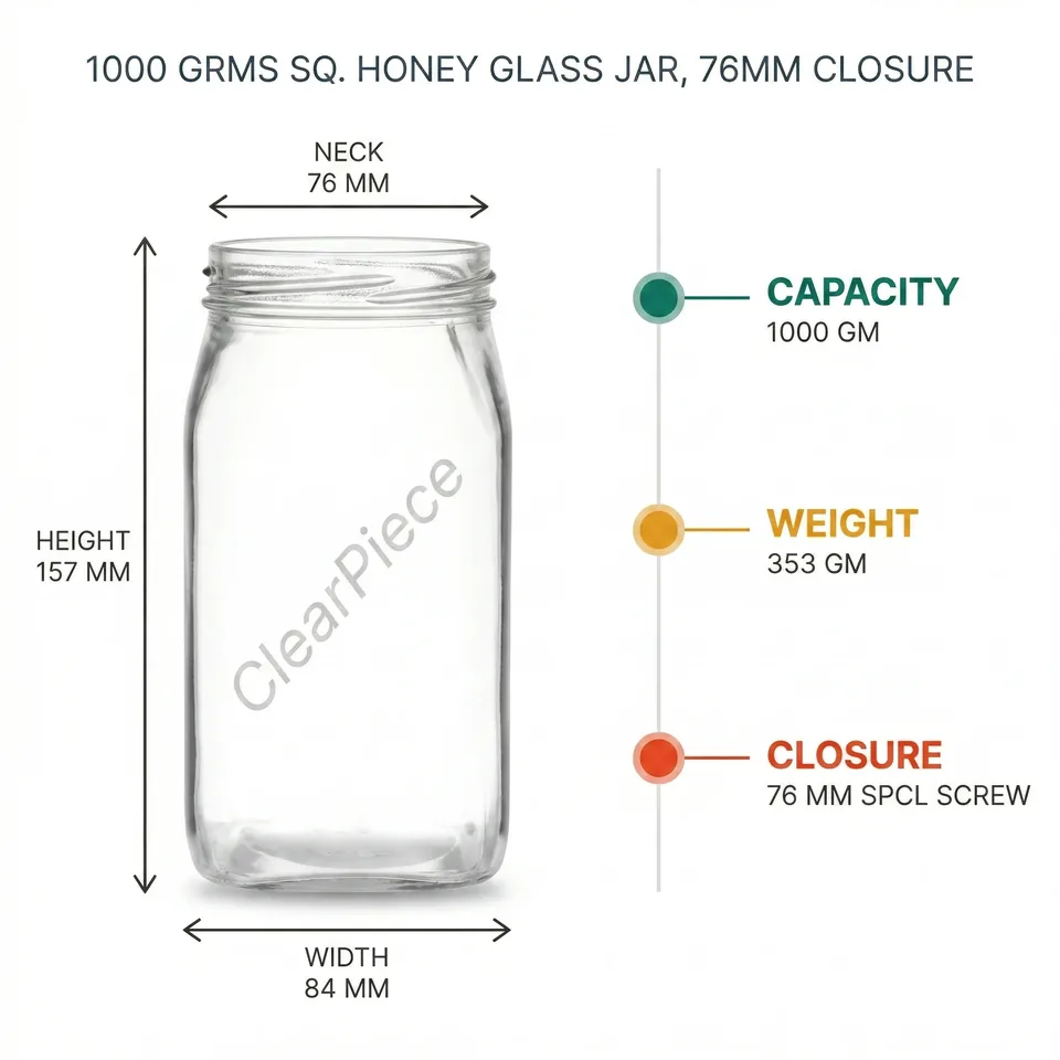 1000 Gram Sq. Honey Glass Jar, 76 mm Closure view 2