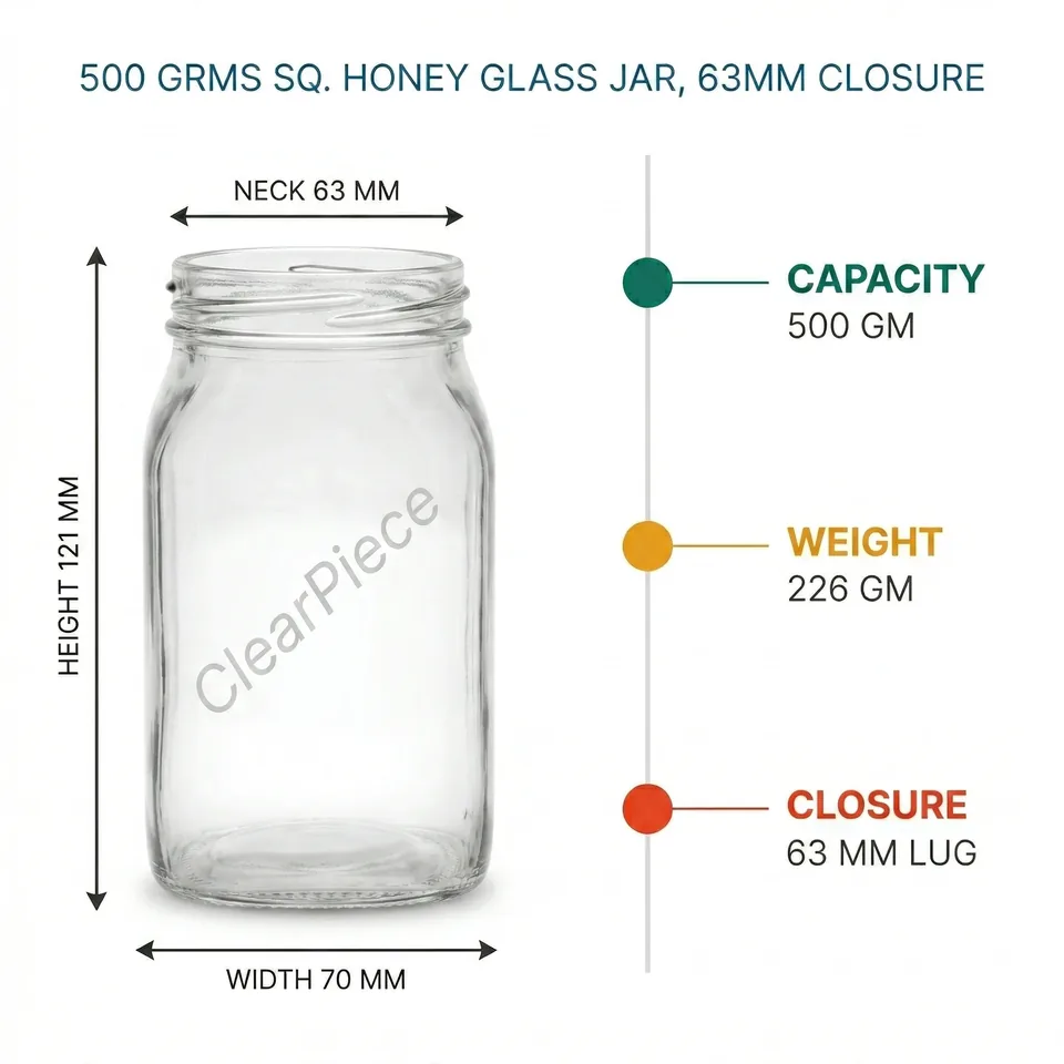 500 Gram Sq. Honey Glass Jar, 63 mm Closure view 2