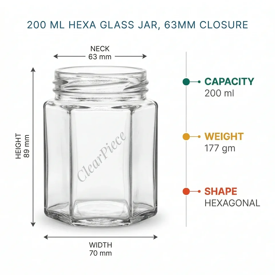 200 ml Hexa Glass Jar 63mm Closure view 2