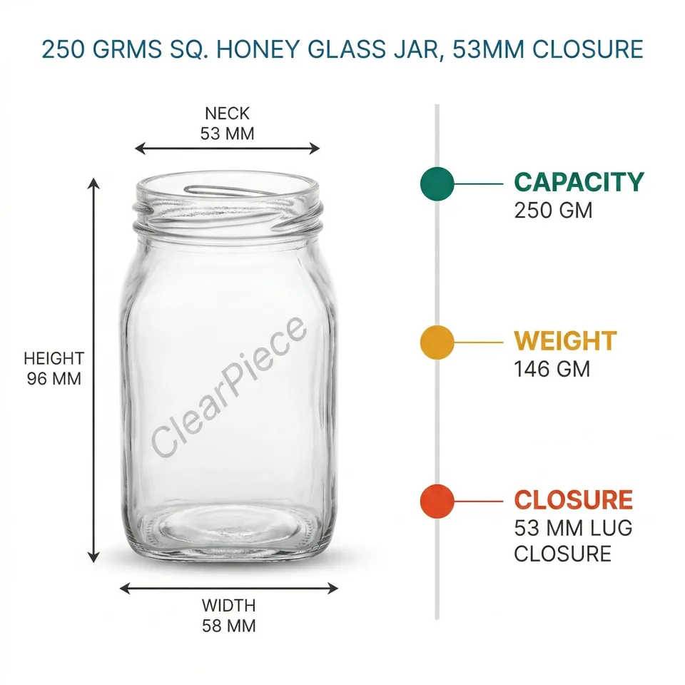 250 Gram Sq. Honey Glass Jar, 53 mm Closure view 2