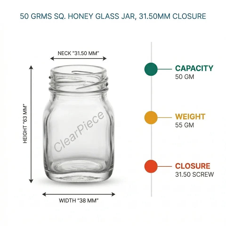 50 Grms Sq. Honey Glass Jar, 31.50 mm Closure view 2