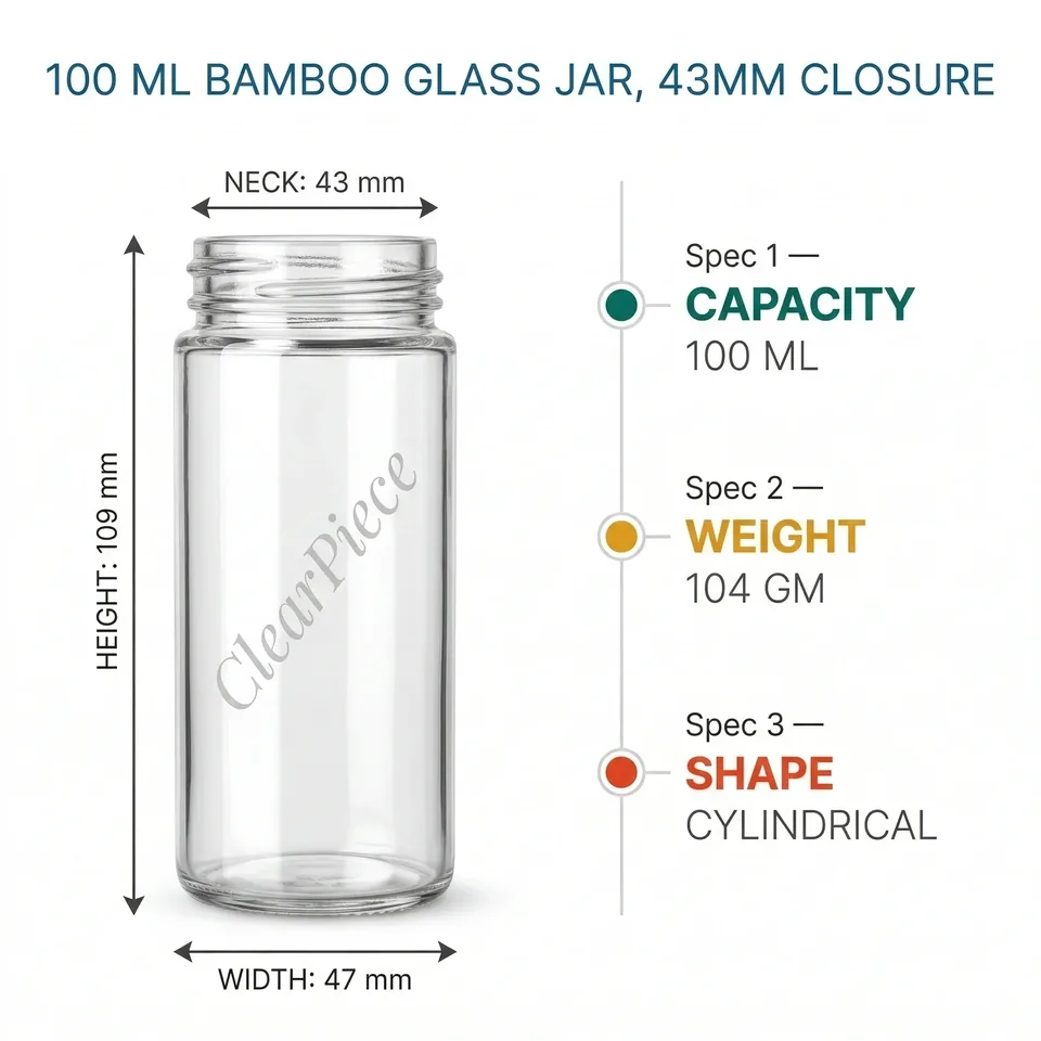 100 ml Bamboo Glass Jar 43mm closure view 2