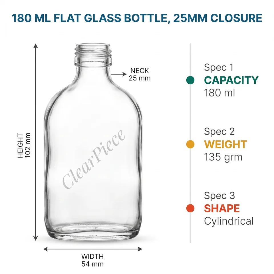 180 ml Flat Glass Bottle, 25mm Closure view 2