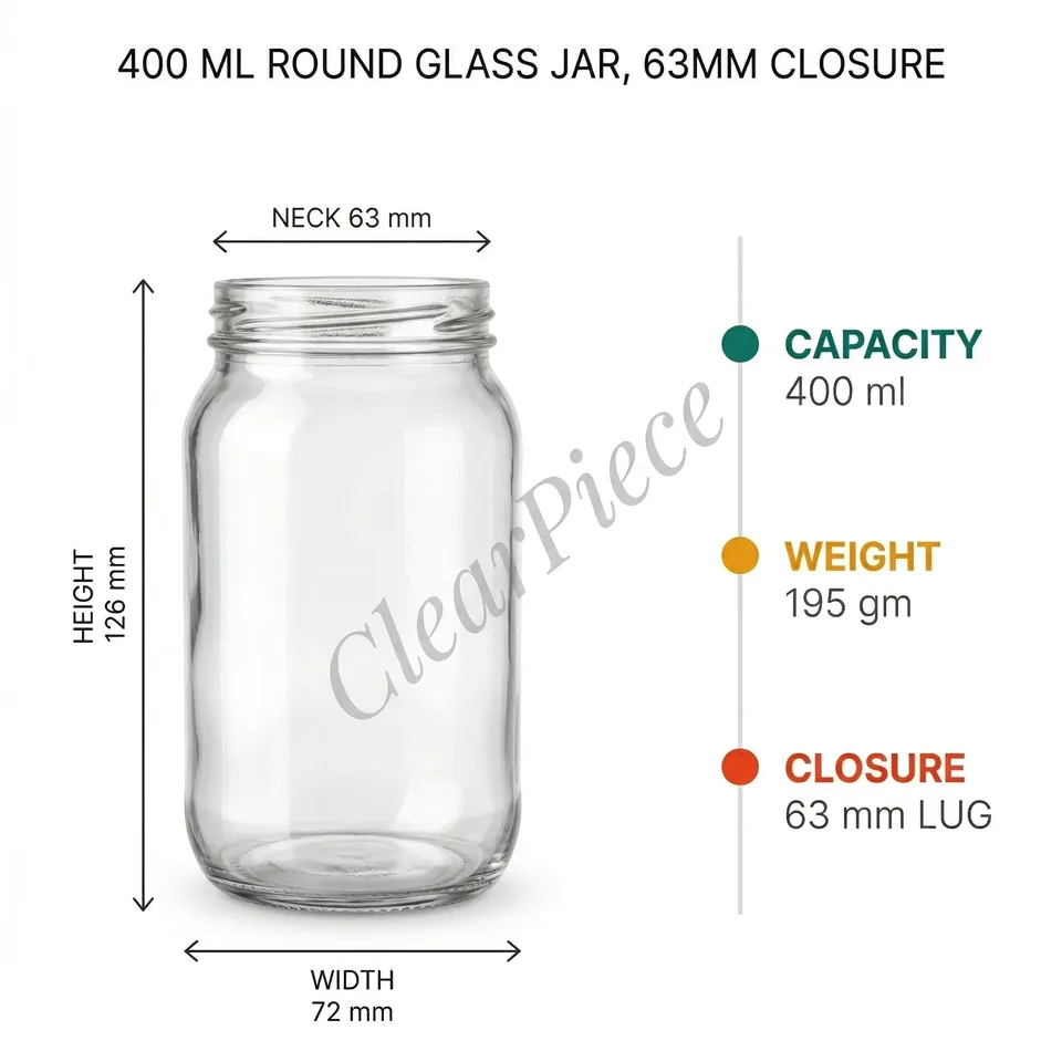 400 ml Round Glass Jar, 63mm Closure view 2
