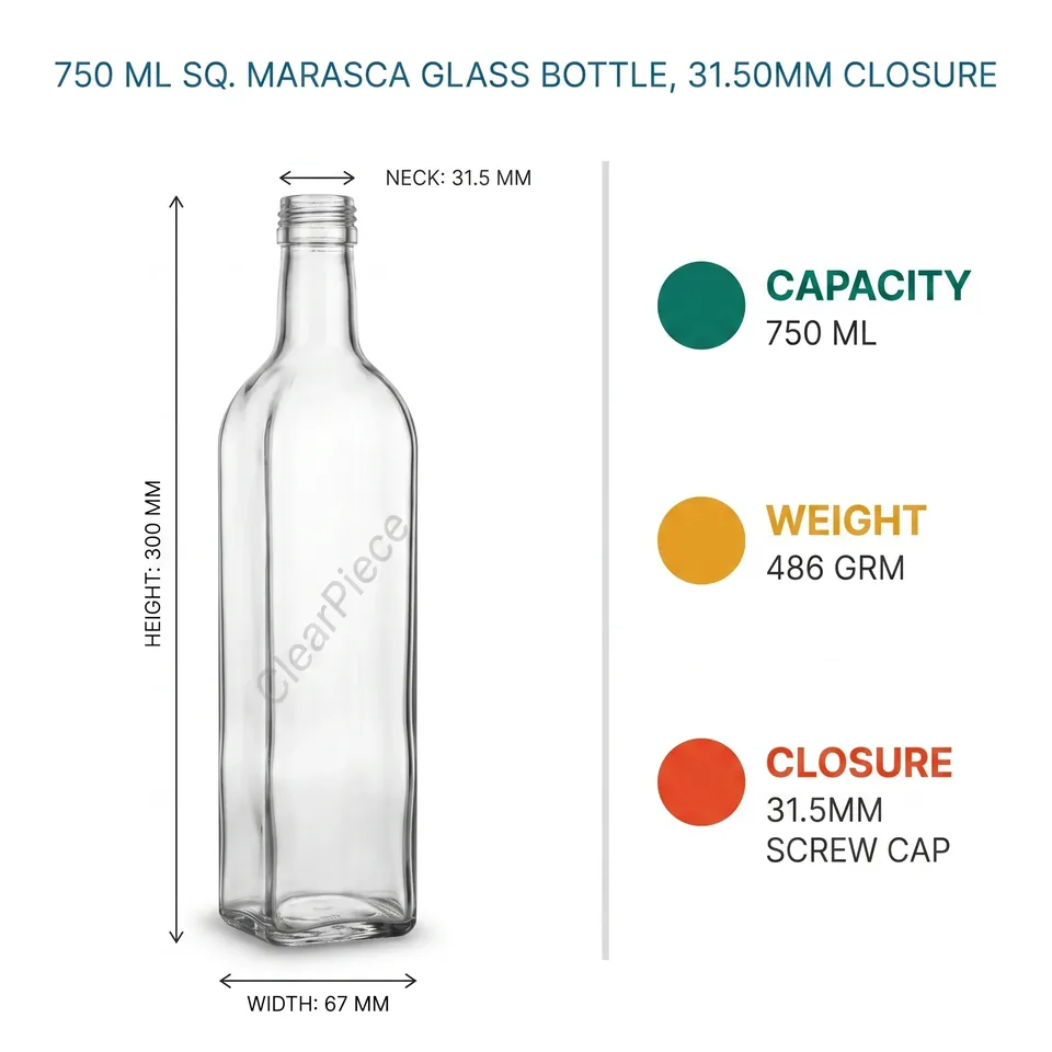 750 ml Sq. Marasca Glass Bottle, 31.50mm Closure view 2