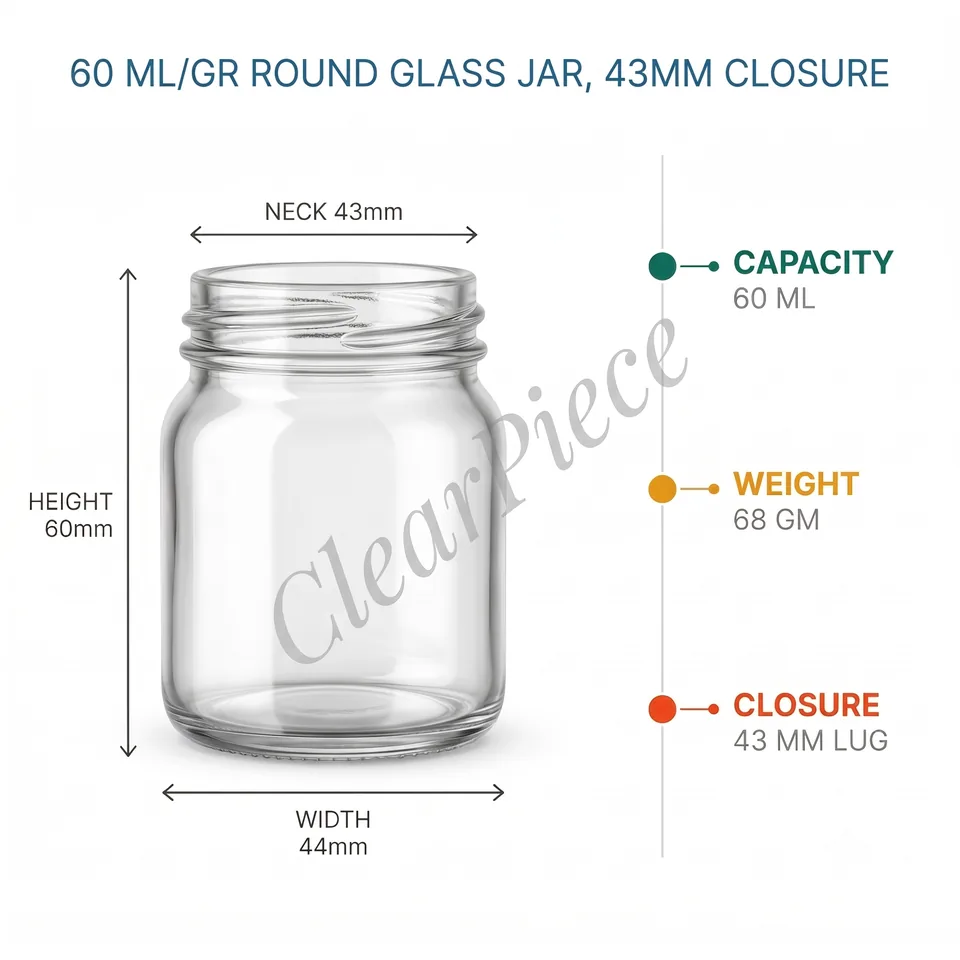 60 ml Round Glass Jar, 43mm Closure view 2