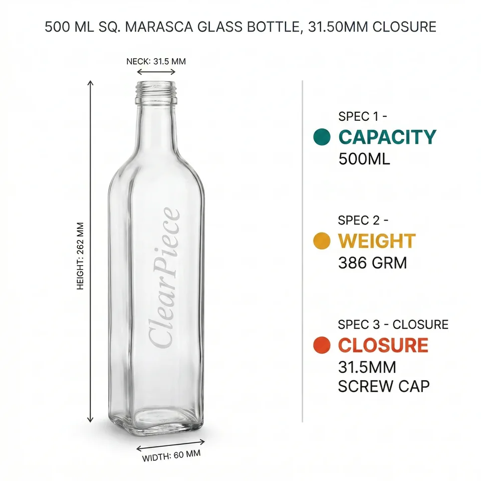 500 ml Sq. Marasca Glass Bottle, 31.50mm Closure view 2
