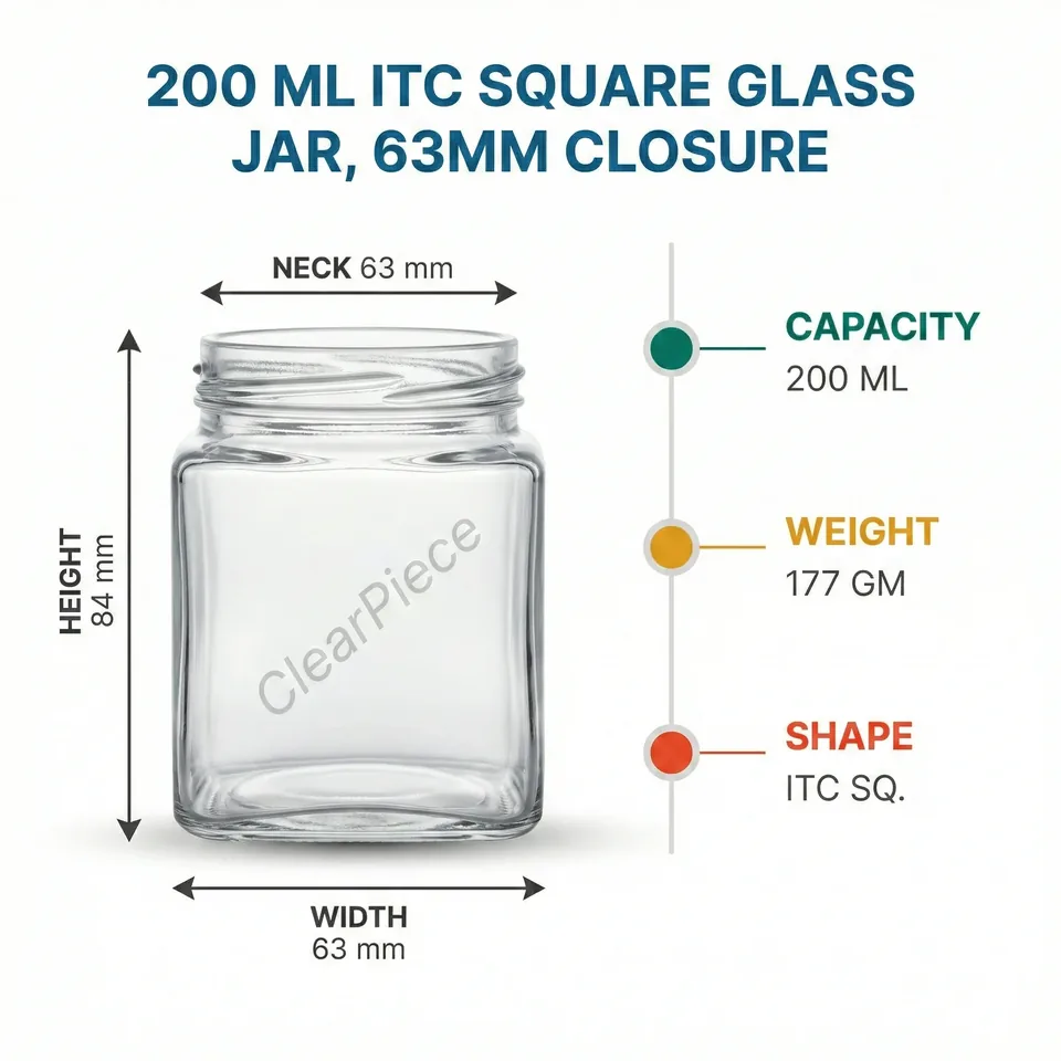 200 ml ITC Square Glass Jar, 63mm Closure view 2