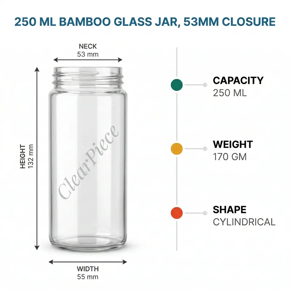 250 ml Bamboo Glass Jar 53mm closure view 2
