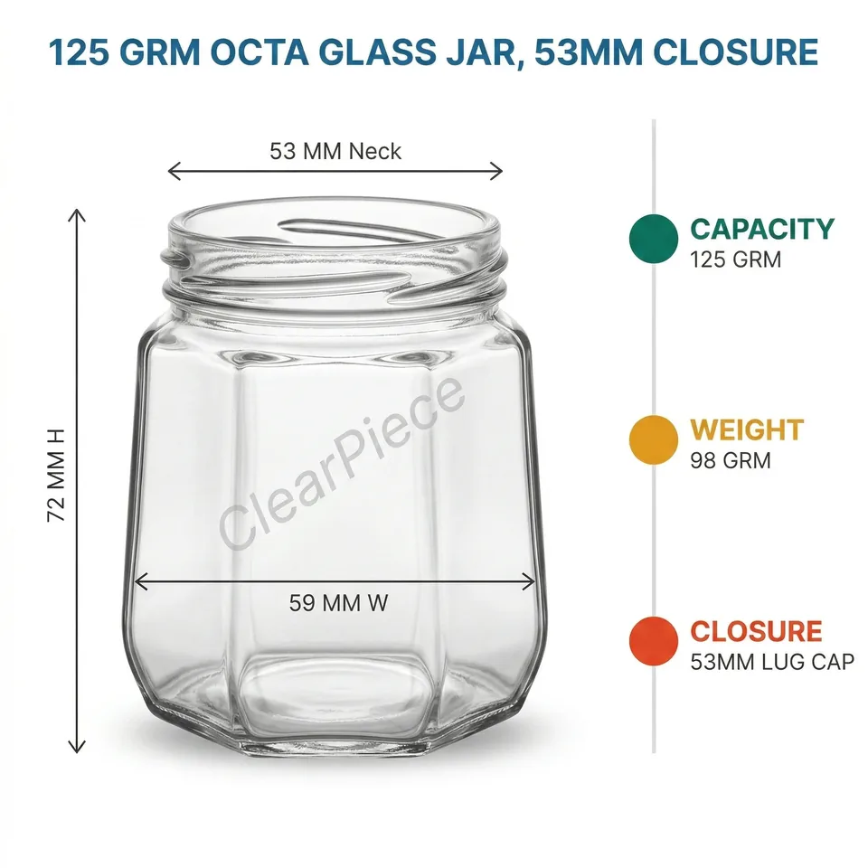 125 grm/100 ml Octa Glass Jar, 53mm Closure view 2