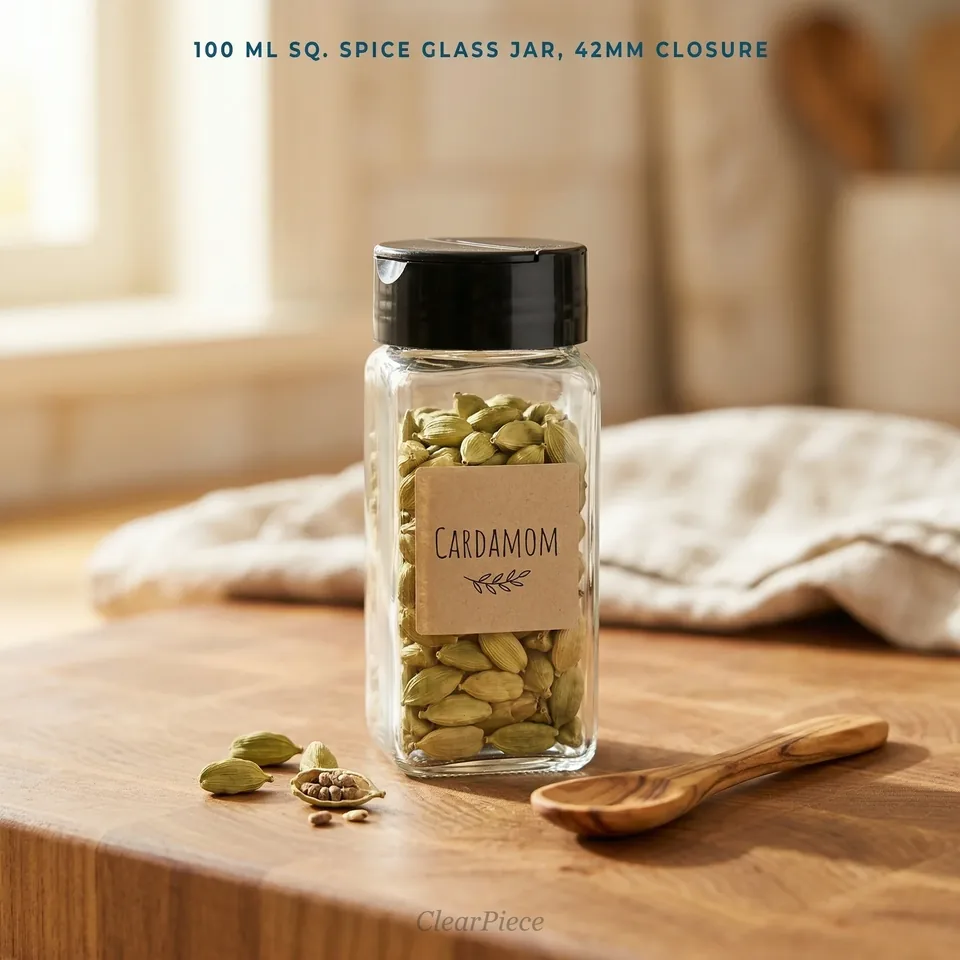 100 ml Square Spice Glass Jar, 42mm Closure view 3