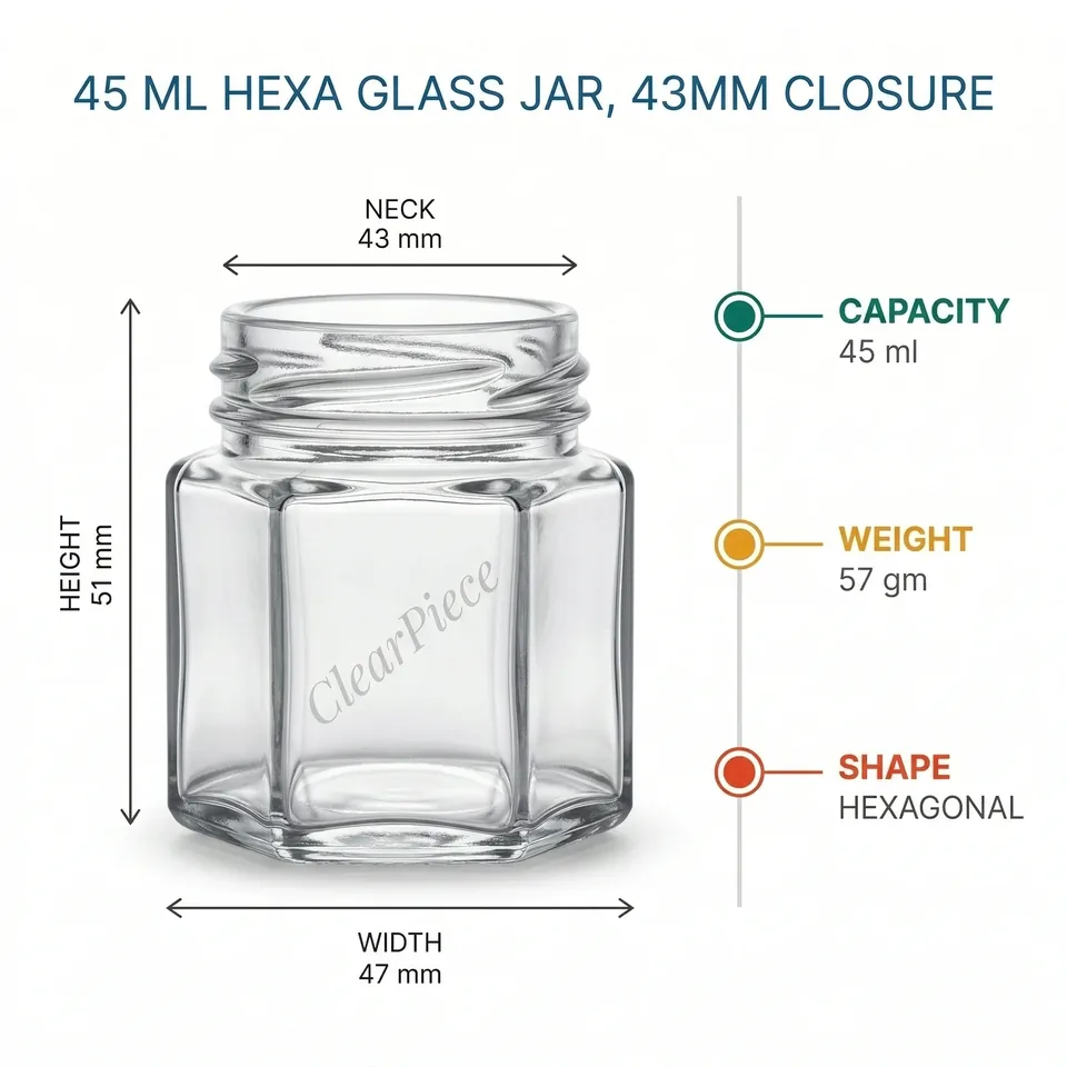 45 ml Hexa Glass Jar 43mm Closure view 2