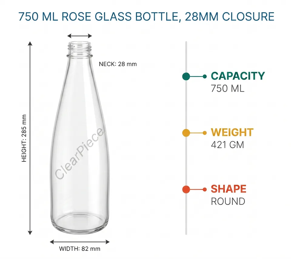 750 ml Rose Glass Bottle, 28mm Closure view 2