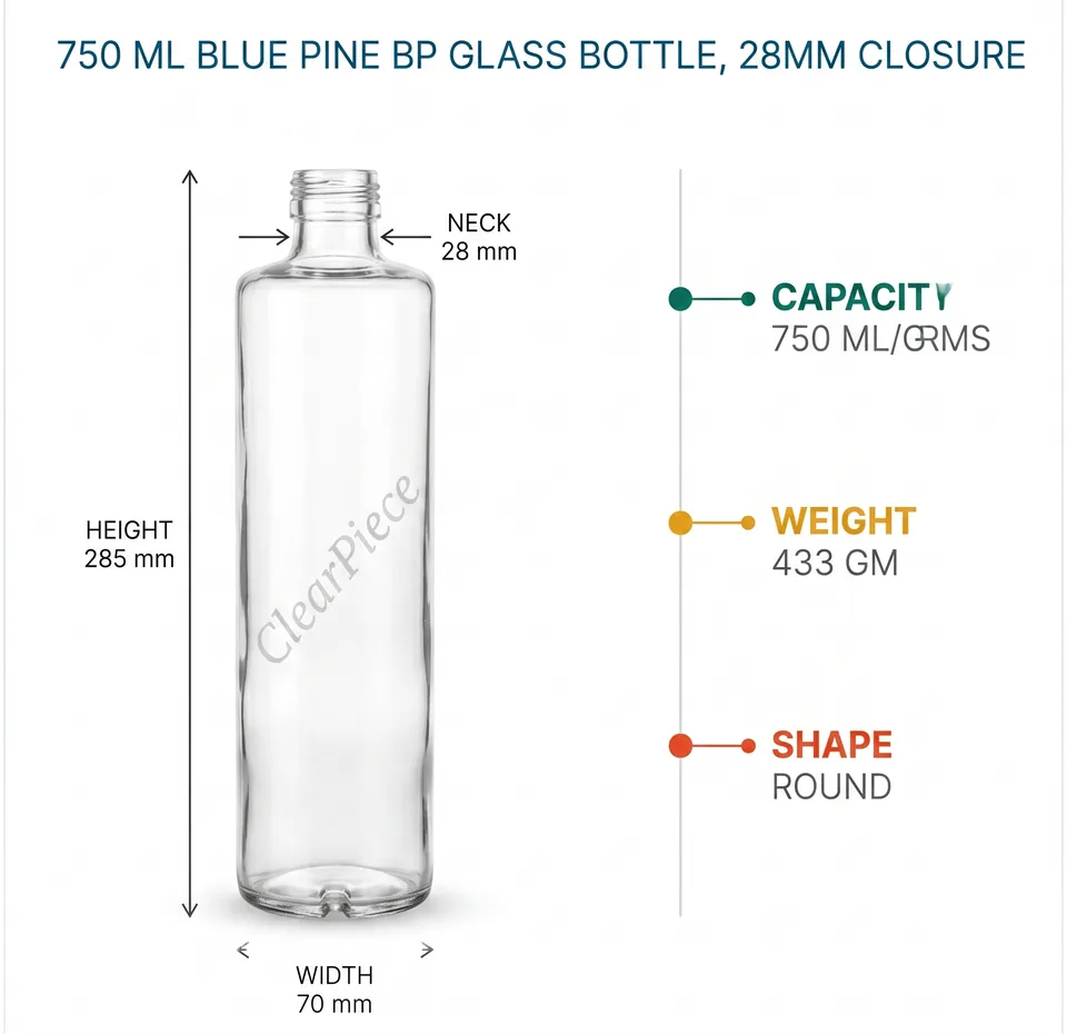 750 ml Blue Pine BP Glass Bottle, 28mm Closure view 2