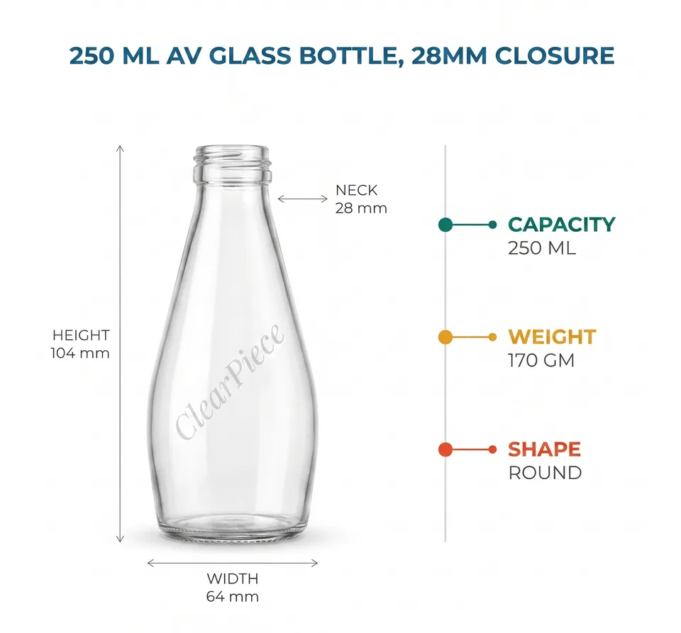 250 ml AV Glass Bottle, 28mm Closure view 2
