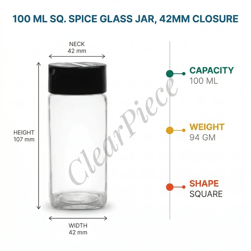 100 ml Square Spice Glass Jar, 42mm Closure view 2