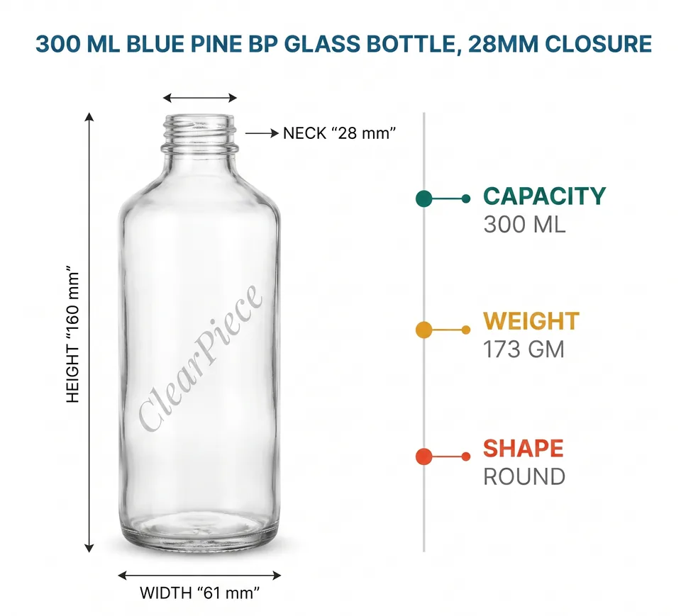 300 ml Blue Pine BP Glass Bottle, 28mm Closure view 2
