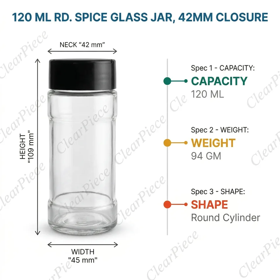 120 ml Round Spice Glass Jar, 42mm Closure view 2