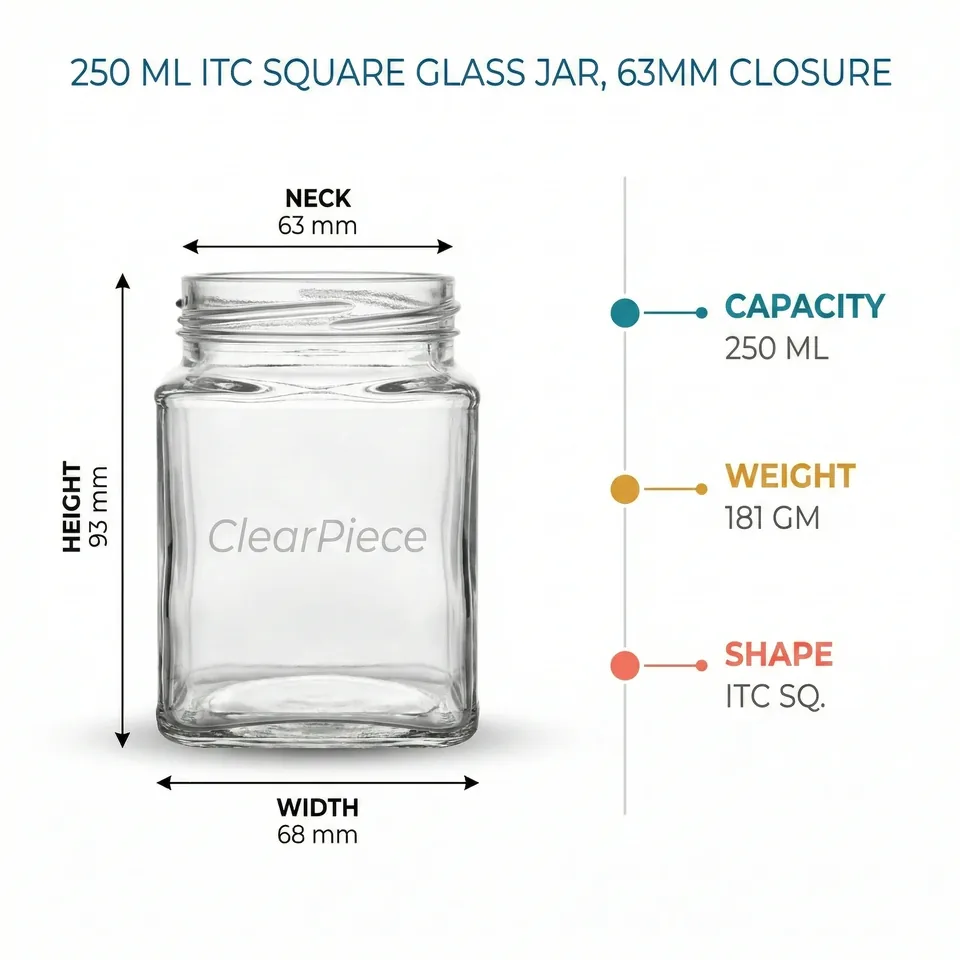 250 ml ITC Square Glass Jar, 63mm Closure view 2
