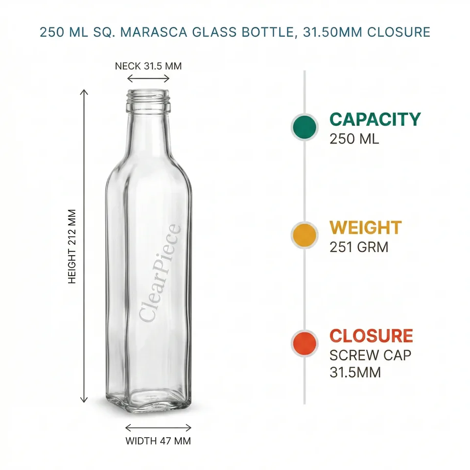 250 ml Sq. Marasca Glass Bottle, 31.50mm Closure view 2