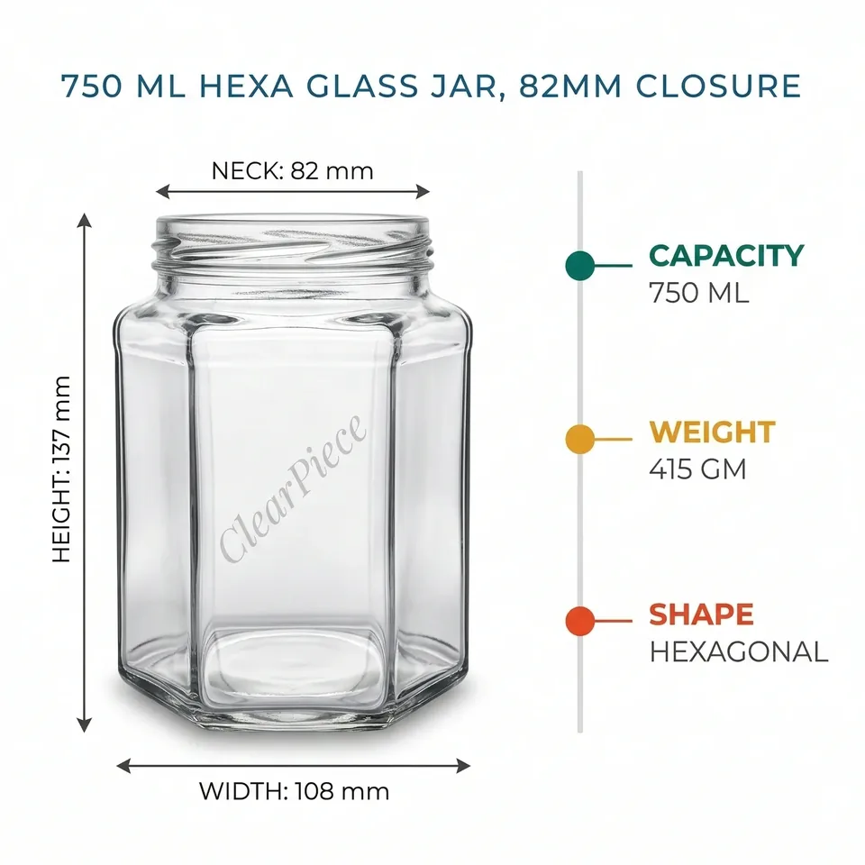 750 ml Hexa Glass Jar 82mm Closure view 2