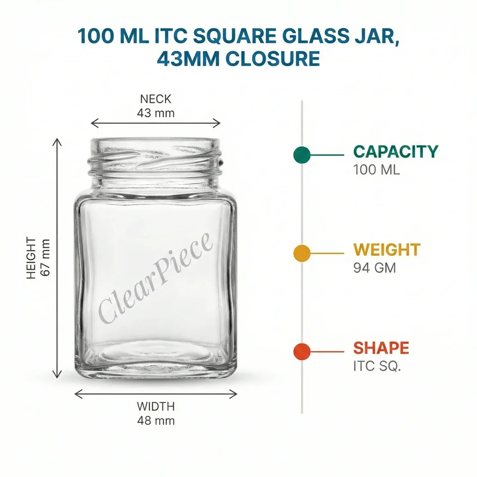 100 ml ITC Square Glass Jar, 43mm Closure view 2